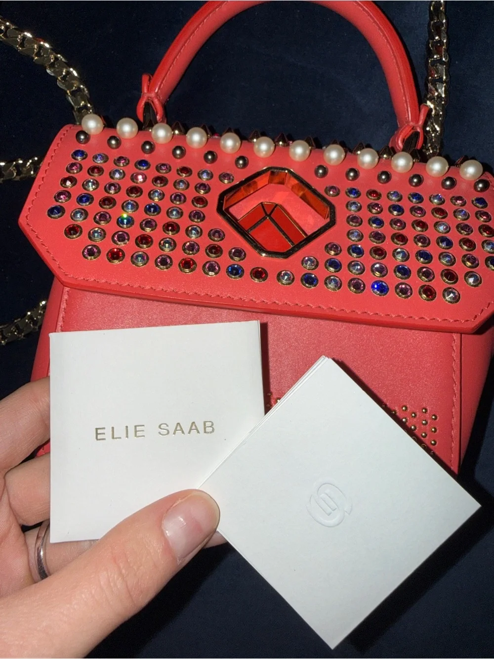 Elie Saab Coral Studded Crossbody Top-Handle Bag with Gold Chain